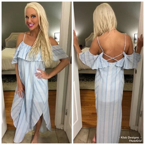 LAST! Stunning and Comfy Lined Baby Blue/White Striped Dress - Picture 1 of 6